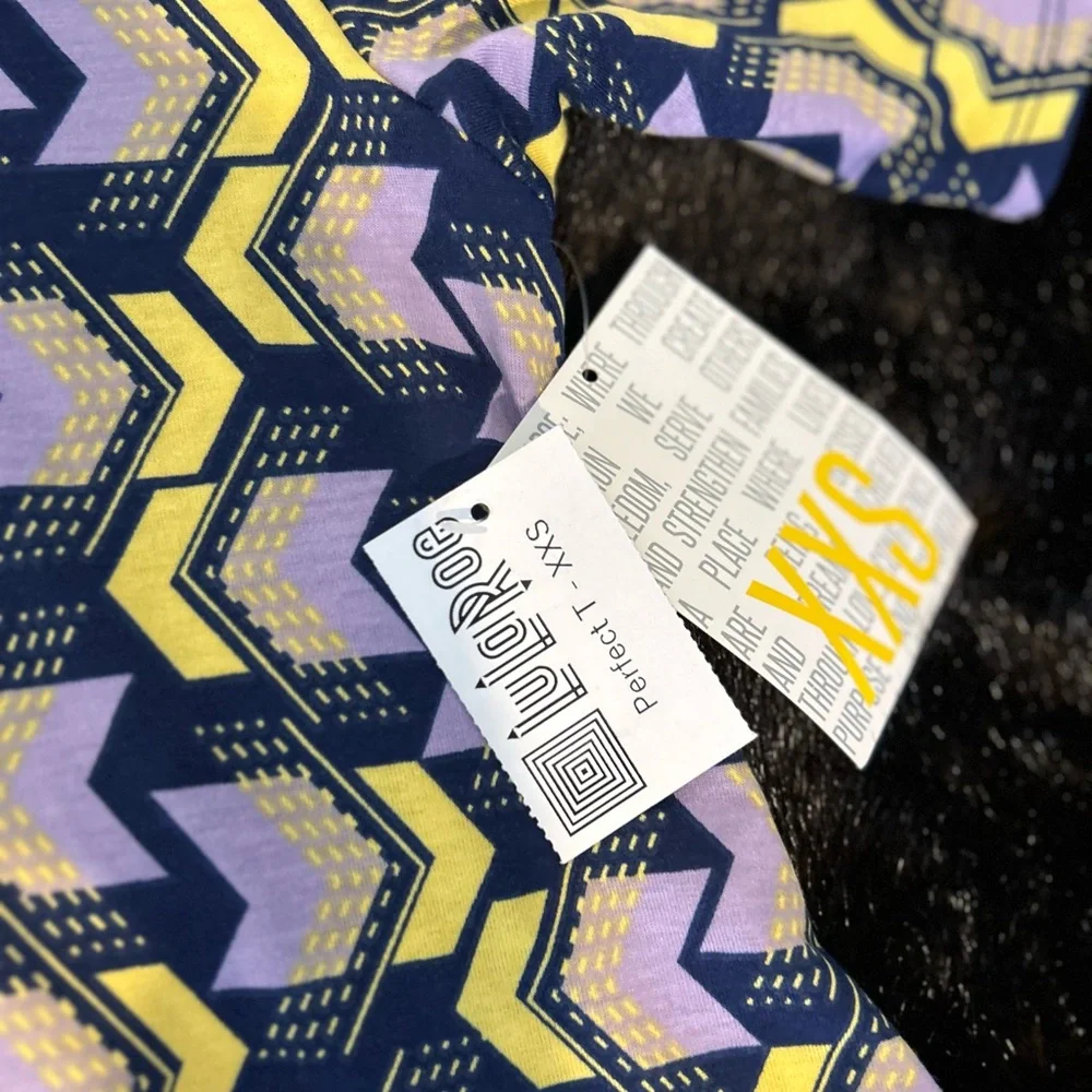 LuLaRoe Perfect Tee XXS Navy Blue Purple Yellow Chevron NWT
